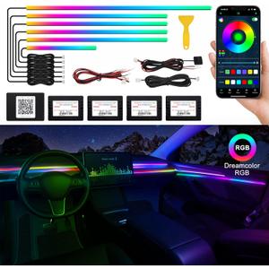 Acrylic Interior Car LED Strip Light with Wireless APP, RGB Dreamcolor 6 in 1 with 175 inches 593 LEDs Fiber Optic Ambient Lighting Kits, 16 Million Colors Sound Active Function Car Neon Lights