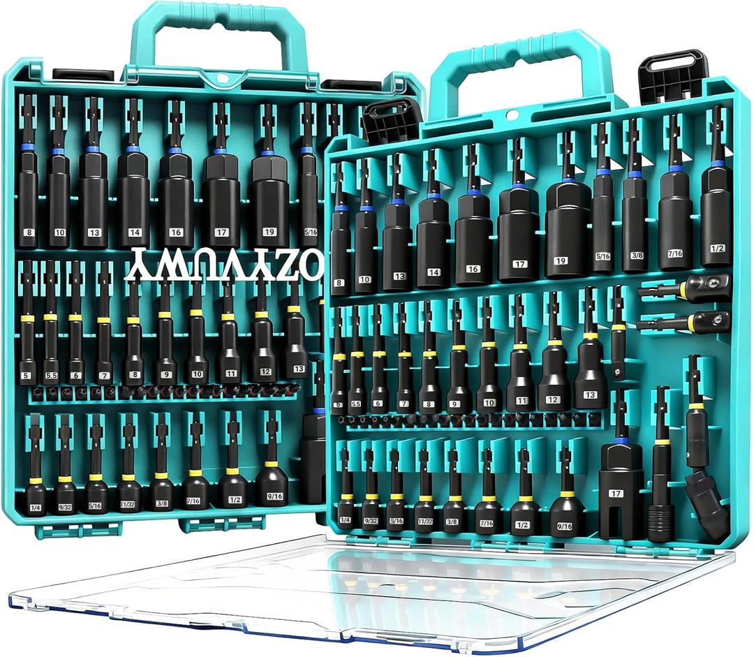 55-Piece Magnetic Impact Nut Driver Set, SAE/Metric Nut Driver Set, Socket Adapters, Wing Nut Driver, Universal Sockets, Quick Release Extension, Pivoting Nutsetter, 1/4'' Quick Change, Power Bits