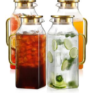 4 Pack 2 Liter/68 oz Square Glass Pitcher with Lid, Classic Stripes Water Pitchers with Handle for Fridge, Large Jug for Iced Tea, Coffee, Borosilicate Glass Carafe for Hot/Cold Brew Drink, Gold
