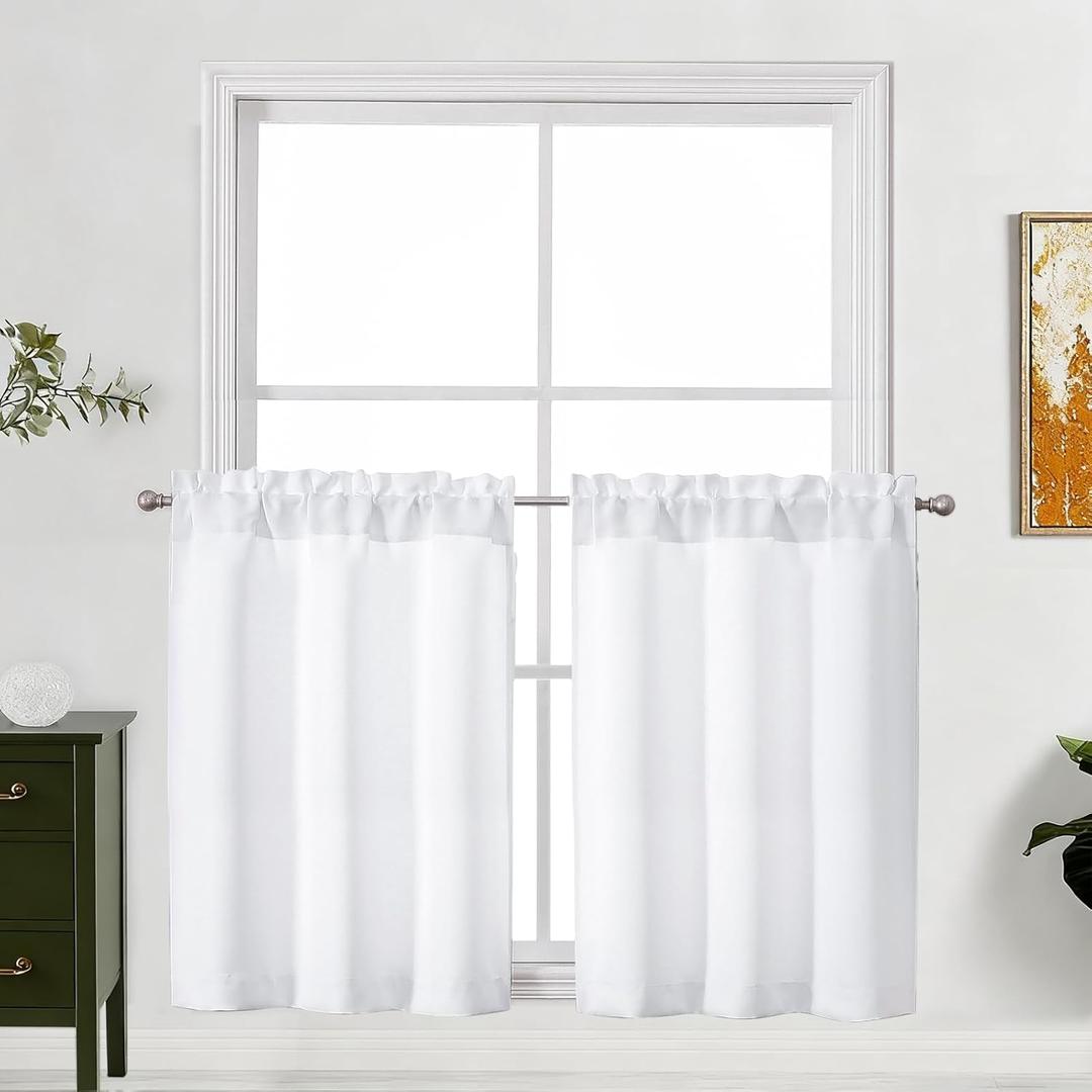 Lecloud Pure White Curtains 30 Inch Length 2 Pcs, Privacy Rustic Light Filtering Short Kitchen Curtain, Farmhouse Home Decor Drapes Rod Pockets for Bedroom Cafe Laundry Room, Each Panel 30" W x 30" L