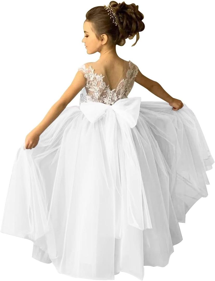 Lace Applique Tulle Flower Girl Dress for Wedding Sleeveless Long Satin Bow Knot V-Back Elegant Formal Dresses (6, White)