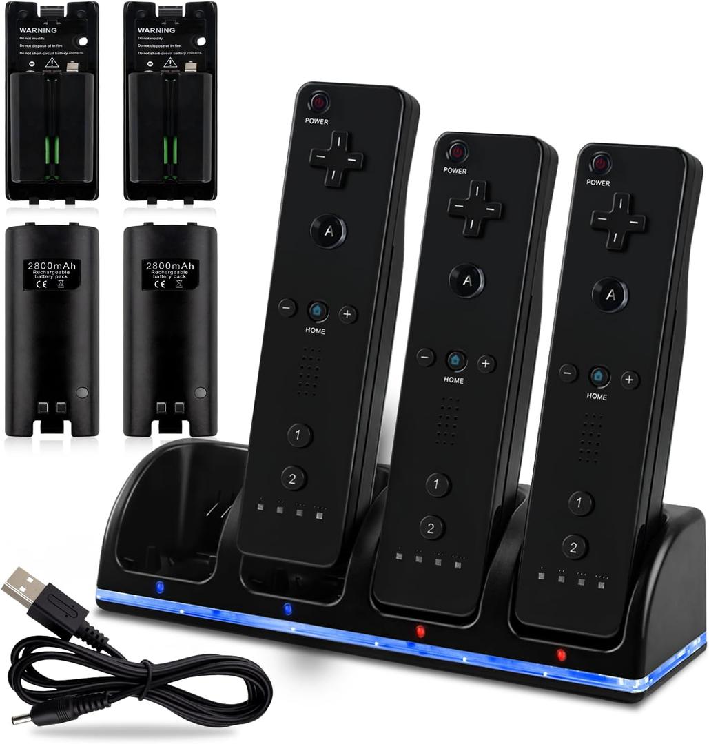 4-in-1 Charger Station for Wii&Wii U Remote Controller, with 4 Rechargeable Batteries(4 Port Charging Station+4 pcs 2800mah Replacement Battery Packs+USB Cable+Plug) Not Include Remote-Black