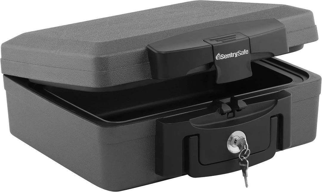 SentrySafe Fireproof and Waterproof Safe, Black Portable Lock Box with Key Lock and Carrying Handle for Money, Passport, Exterior: 14.3 in W x 13 in D x 6.1 in H, H0100