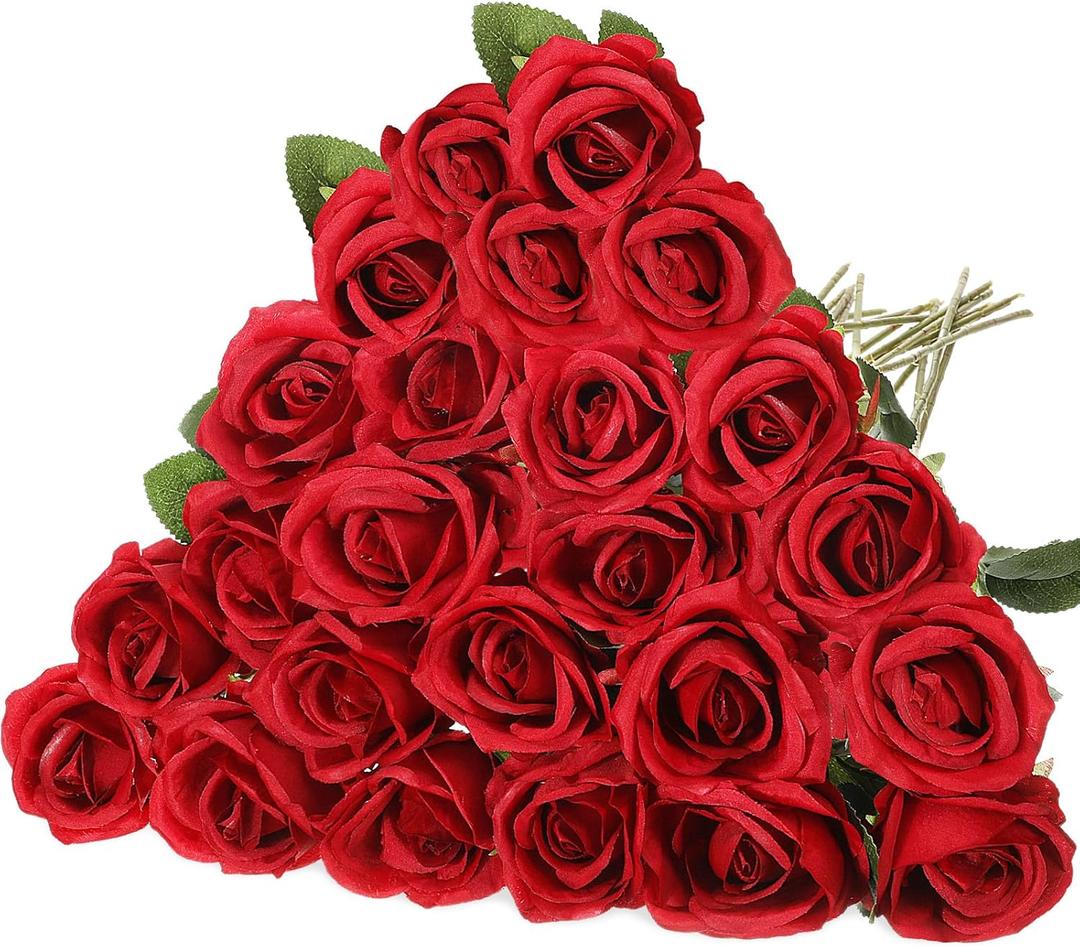Hotop 20 Pcs Artificial Rose Flowers with Long Stem,Real Touch Silk Realistic Plastic Bouquet Roses Bulk for Home Decor Bridal Wedding Party Table Centerpieces Decorations(Red)