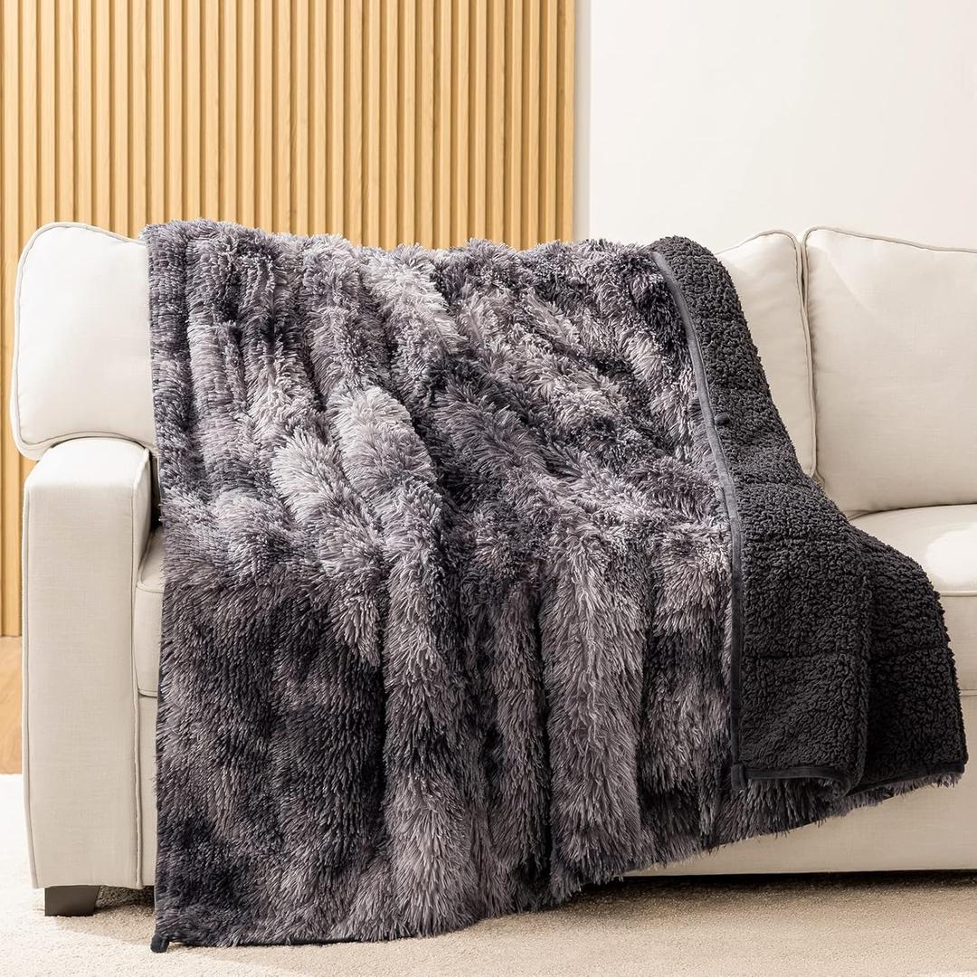 HBlife Soft Faux Fur Sherpa Weighted Blanket for Adults 12 Pounds Queen Size 60X80 Inches, 100% Oeko-Tex Certified Decorative Shaggy Fluffy Plush Reversible Fuzzy Heavy Blanket Tie Dye Grey (60X80 12lb, Grey& Black)