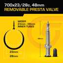Cycle Factor 700c 23/28mm Width Presta Valve 48mm Innertube with Removable Valve core and kit (4-Pack w/tire levers and core Remover kit)