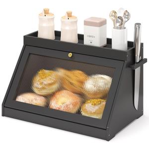 Bamboo Bread Box with Shelf for Kitchen Counter-Large Capacity Bread Storage Container with Wavy Arcylic Transparent Door Bamboo Wooden Farmhouse Bread Box for Your House (Black)