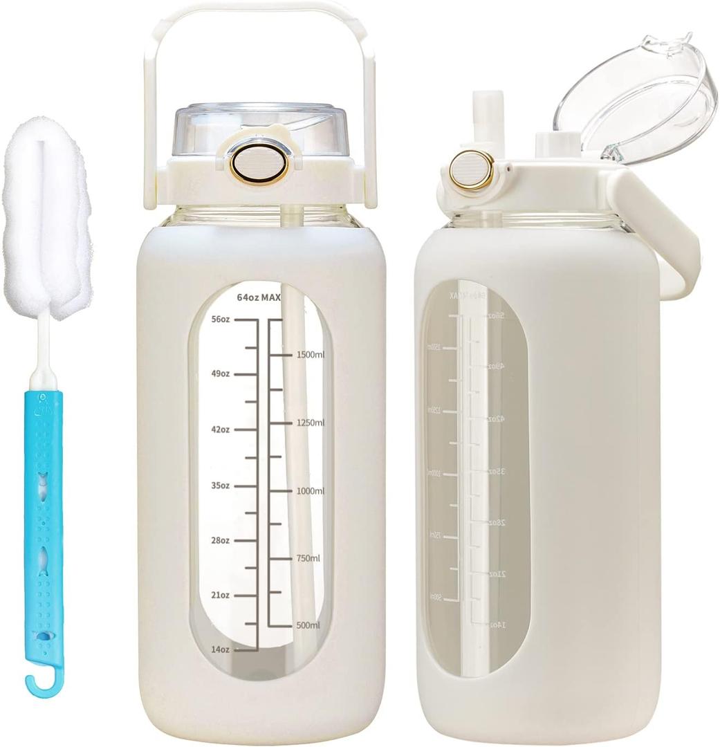 Chunmo 64oz Glass Water Bolttles with Straw Half Gallon Large Motivational Water Bottle with Time Marker Sports Water Bottles with Silicone Sleeve and Handle Lid Water Jug for Gym Workout