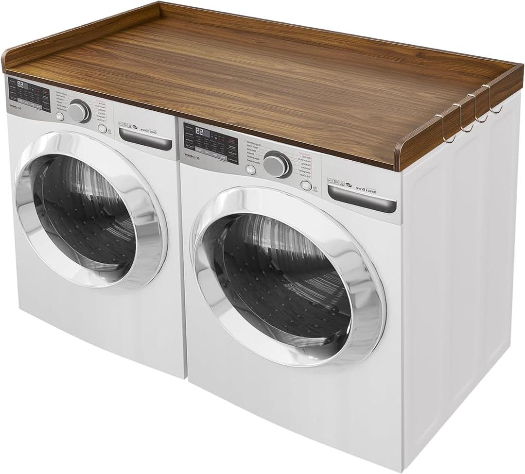 Washer Dryer Countertop, Wood Washer and Dryer Countertop 27.5" x 54" Laundry Room Organization with Metal Hooks & Non-Slip Pads Wood Shelf Topper for Storage Space Saver