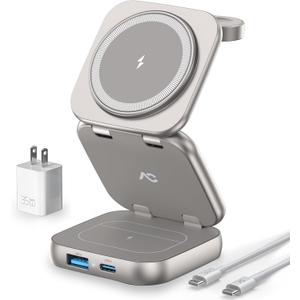 Wireless Charger for MagSafe, 5-in-1 Evolved Charging Stand, 15W Max Fast Portable Magnetic Station, Titanium Aluminum Foldable for iPhone 16/15/14/13 Series, Apple Watch, AirPods (with 35W Adapter)