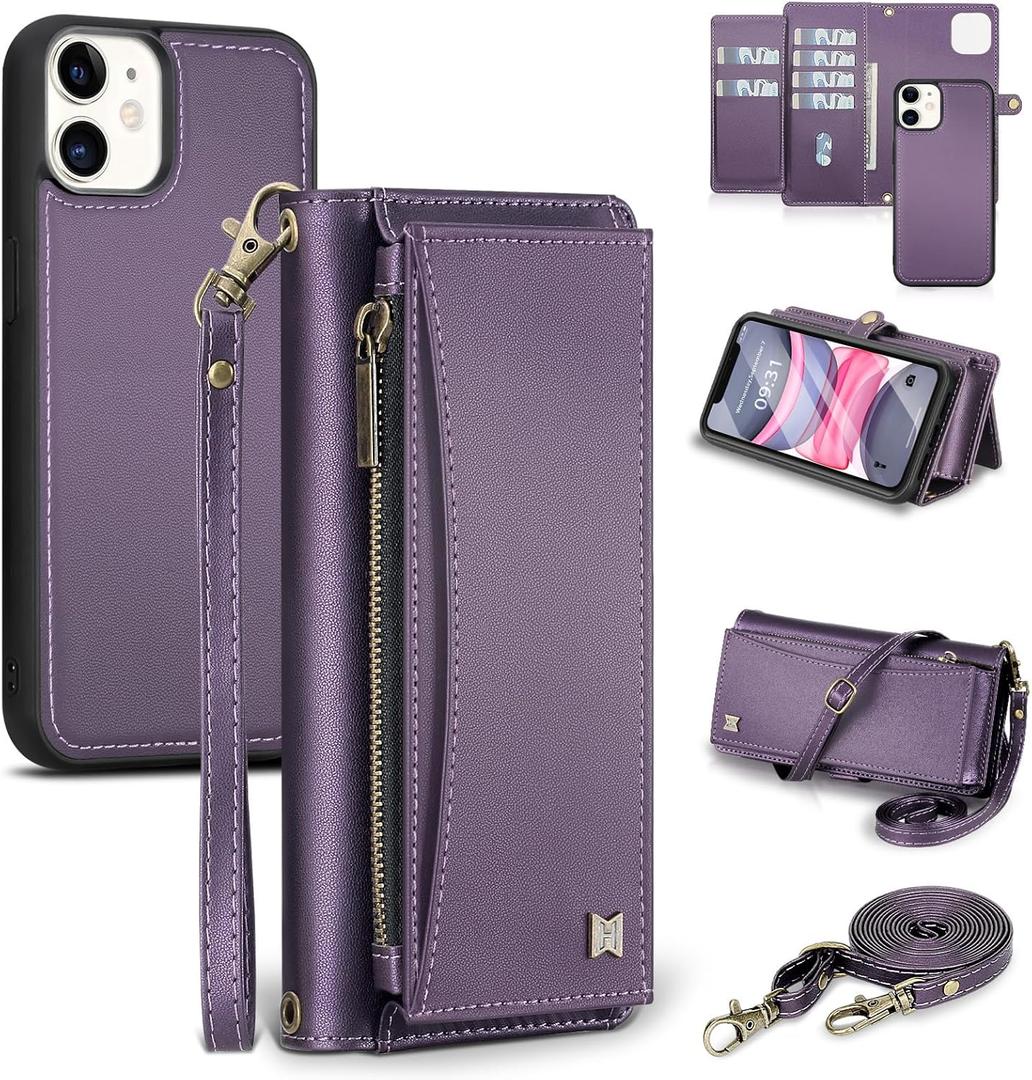 for iPhone 11 Wallet Case with Card Holder/Crossbody Wallet/Strap,[RFID Blocking][Magnetic] PU Leather Shockproof Protective Cover iPhone 11 Phone Case 6.1,Purple