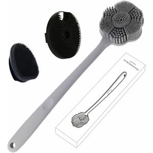 Back Body Scrubber & Face Scrubber for Shower - 15 Inch Long Handle Double Sided Silicone Body Brush for Exfoliation & Massage, Soft Facial Cleansing Brush, Rich Lathering for Deep Cleansing (Gray)