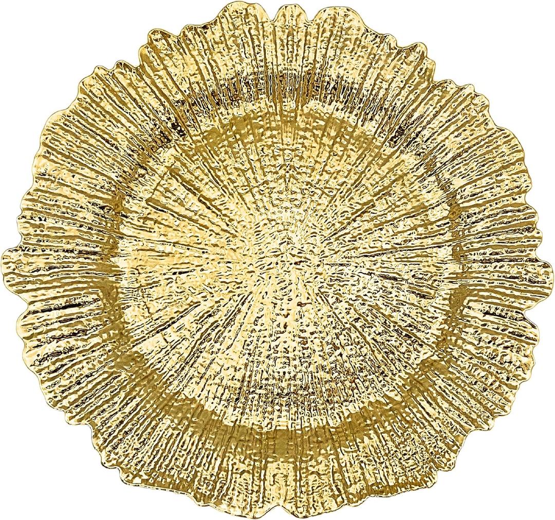 Henilosson 13 inch Gold Charger Plates,Round Plastic Reef Plate Chargers for Dinner Plates,Wedding,Party Elegant Decoration Place mats (24, GOLD) (Reef Gold)