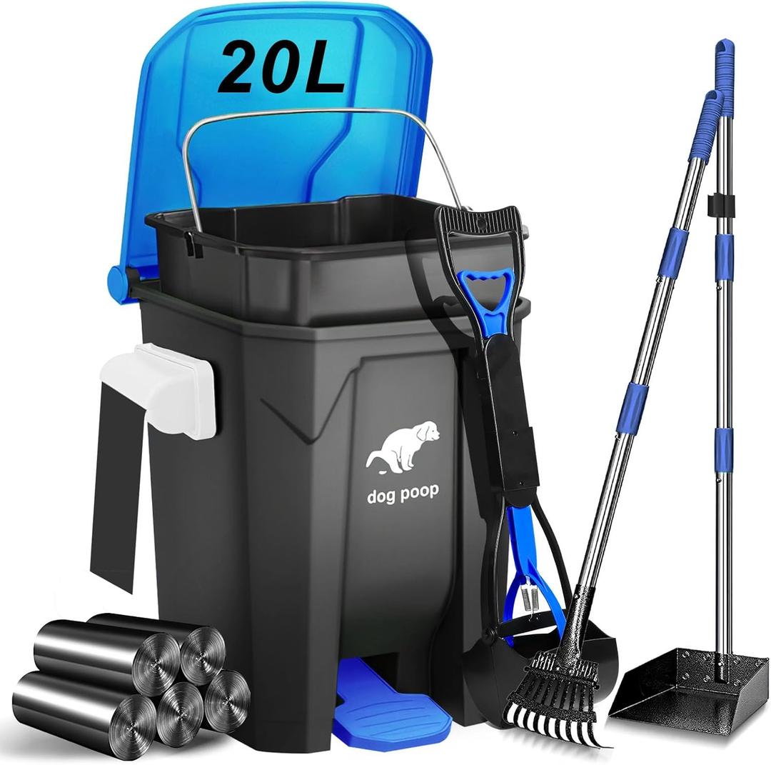 Dog Poop Trash Can Outside with Pooper Scooper and Metal Rake & Tray, 20L/5Gal Dog Waste Trash Can with Lid, Pedal and Removable Inner Waste Bin, Dog Poop Bin with 100 Bags, Blue