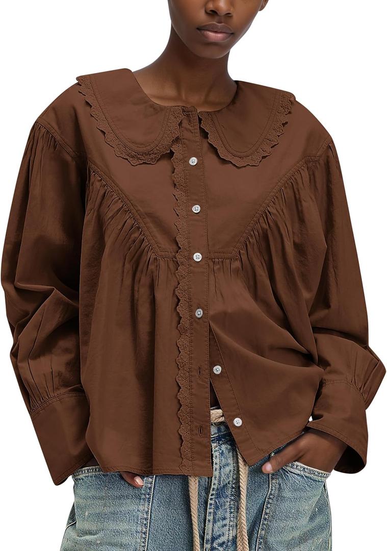 2 x HOCANDY Peter Pan Collar Shirt Women Button Down Blouses Cute Business Casual Long Sleeve Loose Shirred Lace Trim Shirts Brown (Brown, M)