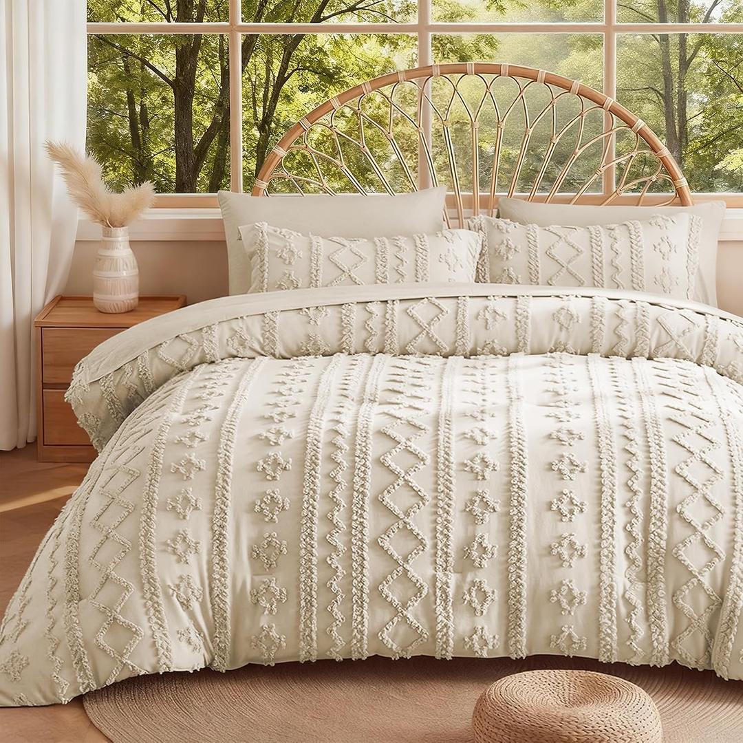 MR&HM King Size Comforter Set Beige, 7 Pieces Tufted Boho Beddding Sets, Farmhouse Style Bed in a Bag with 1 Comforter, 2 Pillow Shams, 2 Pillowcases, 1 Flat Sheet, 1 Fitted Sheet for All Seasons