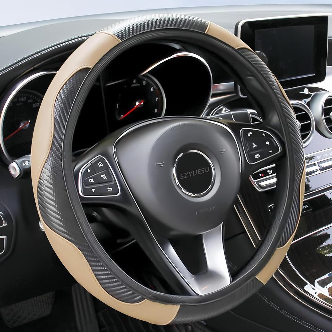 Car Steering Wheel Cover, 15 inch Microfiber Leather Carbon Fiber Soft Anti-Slip Breathable, Universal Size Elastic Car Accessory for Most Cars (Beige)