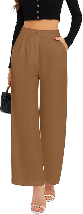 FUNYYZO Wide Leg Pants Women's High Elastic Waisted in The Back Business Work Trousers Long Straight Suit Pants (006# Caramel (Thick)) S
