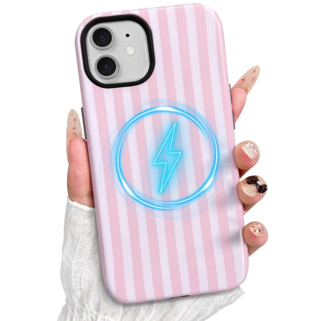 TKJSQ Magnetic for iPhone 14 Phone Case, Cute Striped Pattern Aesthetic Gloss Design, Stylish Shockproof Soft TPU and Hard PC 2-in-1 Protective Cover for iPhone 14, Pink