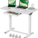 Gibbon Mounts Glass Standing Desk with Drawers, 35inch Small Mobile Laptop Desk, Height Adjustable Rolling Sit Stand Desk, White Pneumatic Portable Computer Desk with Hidden Wheels or Lockable Casters