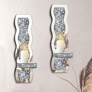 Crystal Crush Diamond Candle Holder Set of 2, Wavy Silver Mirrored Wall Candle Sconces, Wall Decorations for Living Room, Dining Room, Bedroom (Silver (Style 1))