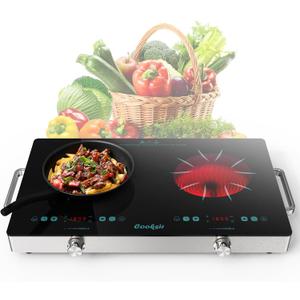 2 Burner Electric Cooktop - 24 Inch Portable Electric Stovetop 110V, 2000W Countertop Tow Burner Ceramic Cooktop with LCD Control Panel, Child Lock, Timer, Knob Control with Plug (Green), 22.2 inches x 13.1 inches