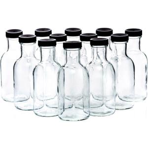 Set of 12oz Glass Bottles with Black Plastic Caps | Reusable Stout Flint Glass Bottles with Lids for Juicing, Kombucha, Liquids | Made in USA (12 Ounce)