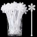 Chengu 100 Pcs Winter Drink Stirrers Xmas Stir Sticks Bulk Holiday Coffee Stirrers Plastic Swizzle Stick Hot Cocoa Bar Supplies Chocolate Decoration Reusable Cocktail Mixer(White Snowflake)