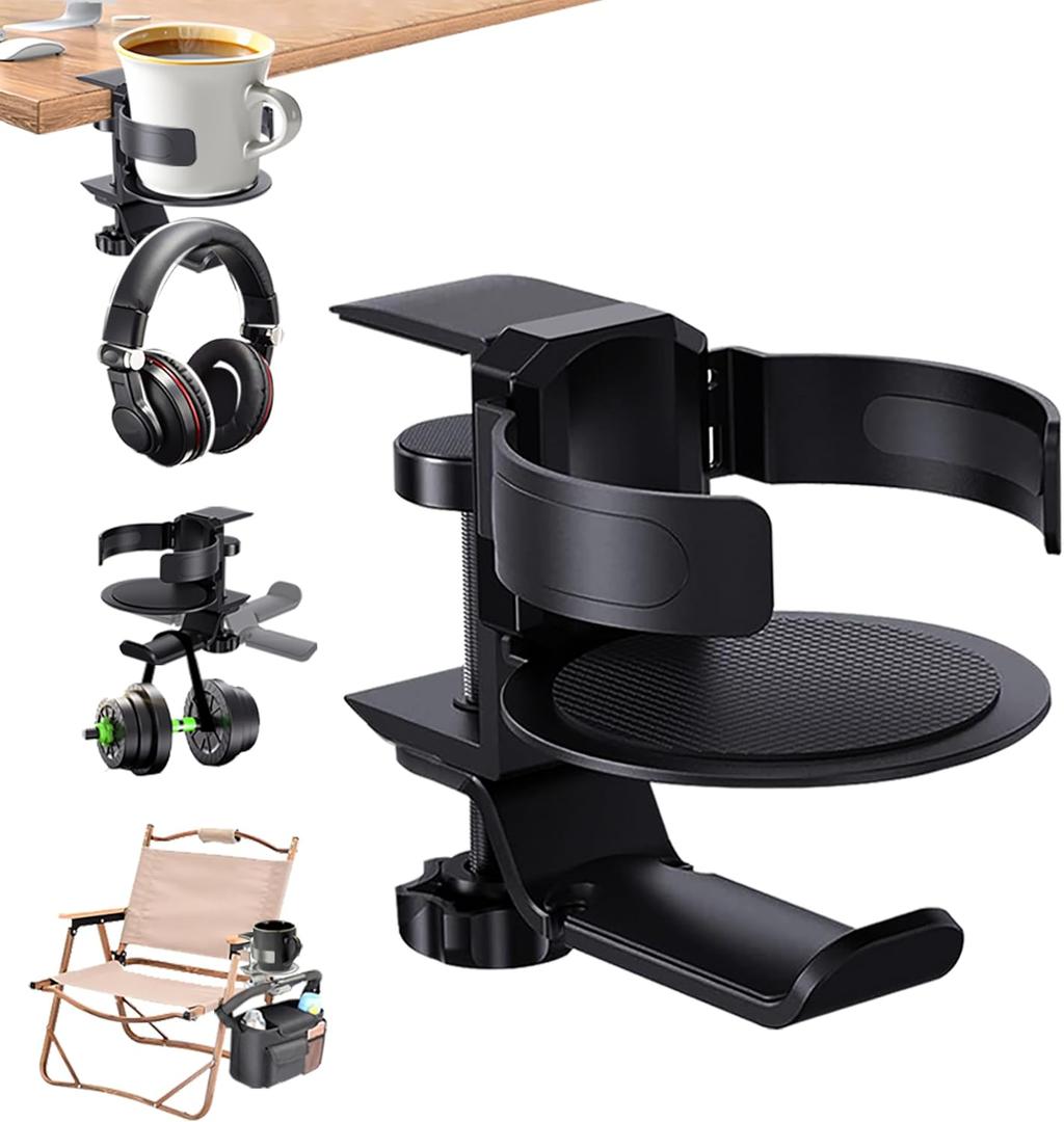 HeavyRain 3-in-1 Desk Cup Holder and Headphone Hook with Anti-Overflow Design - Universal Coffee Mug Holder for Wheelchair, Couch, or Office - Sturdy Aluminum Alloy (Black)