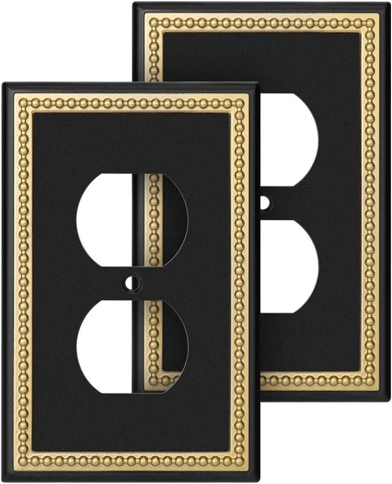 Pearled Frame Decorative Wall Plate Switch Plate Outlet Cover (Single Duplex 2PK, Black & Dark Golden)