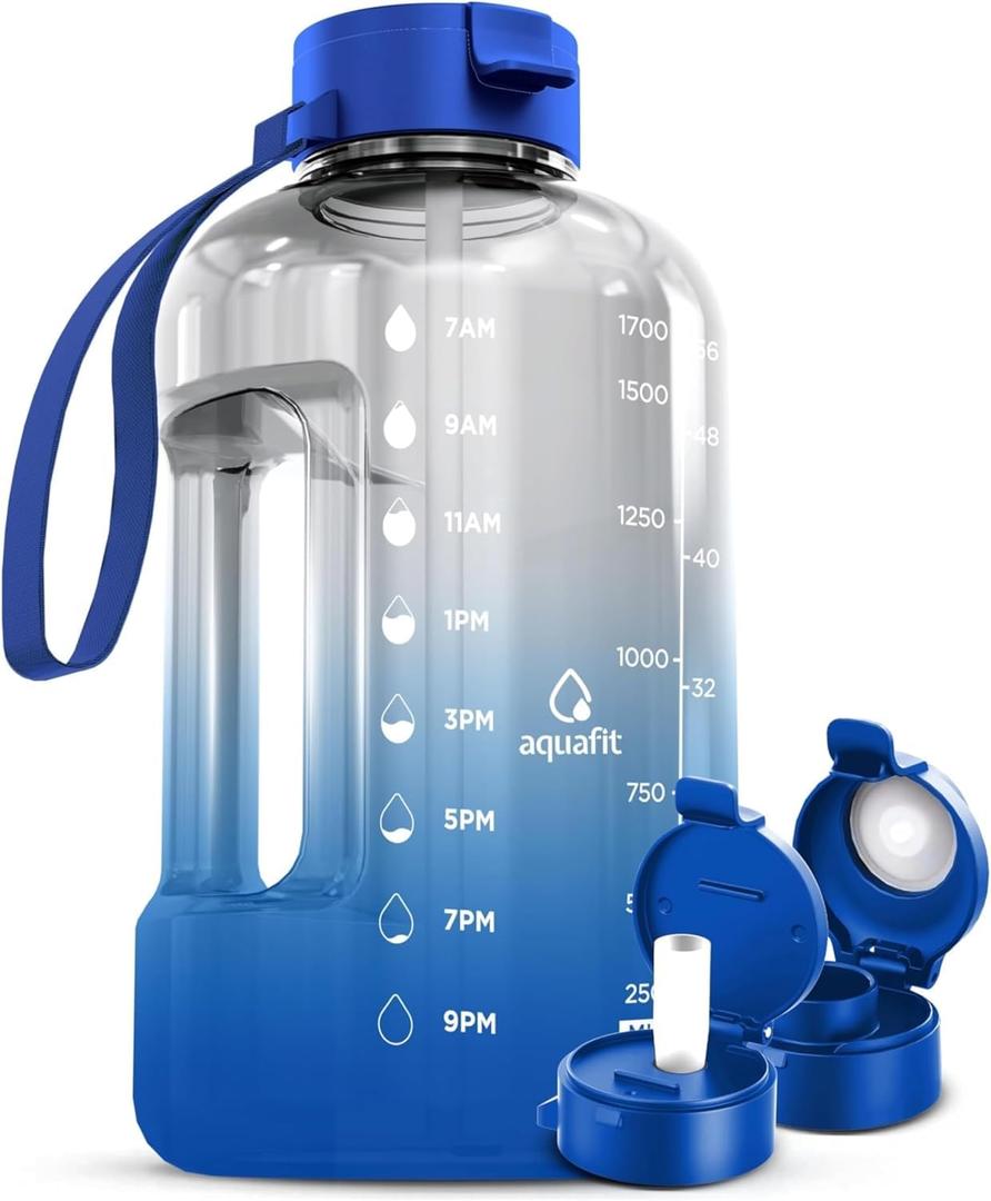 AQUAFIT 64 oz Water Bottle with Time Marker - Straw & Chug Lid - BPA Free Half Gallon Gym Water Bottle with Handle - Big Gallon Jug (Blue Skies, 64 Ounces)