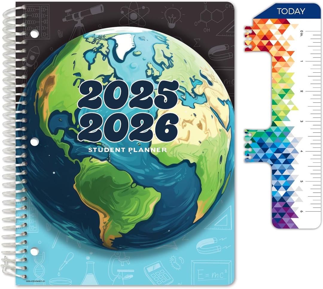 Global Datebooks 2025-2026 Elementary Student Planner 8.5x11 - Dated Weekly & Monthly Academic Planner (Large) with Ruler/Bookmark & Stickers, Ideal for Homework, Matrix Style, Earth