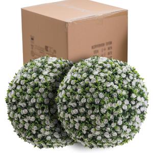 17" Artificial Topiary Flower Balls, 2 PCS Hanging Grass Ball for Home Wedding Decor, White Rose