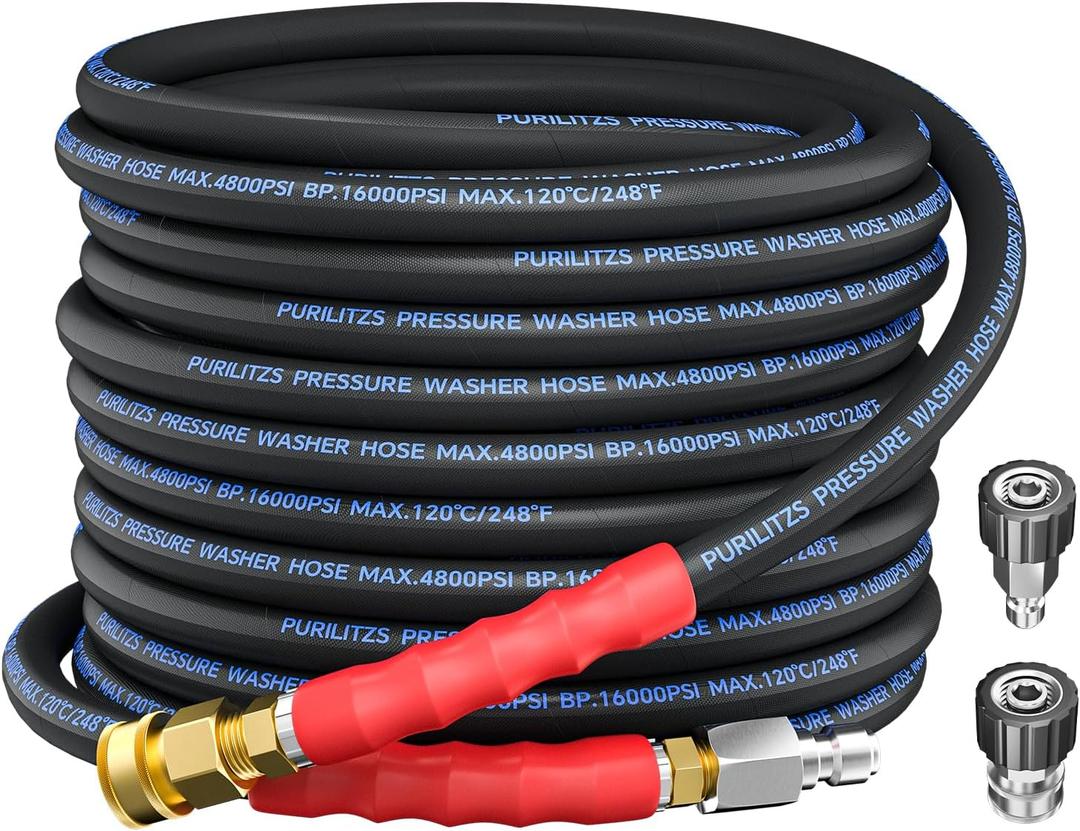 3/8'' Pressure Washer Hose 50FT 4800PSI, Kink Resistant Power Washer Hose Steel Wire Braided with Swivel Quick Connect & 2PCS M22 Adapter, Non Marking Commercial Grade Pressure Water Hose