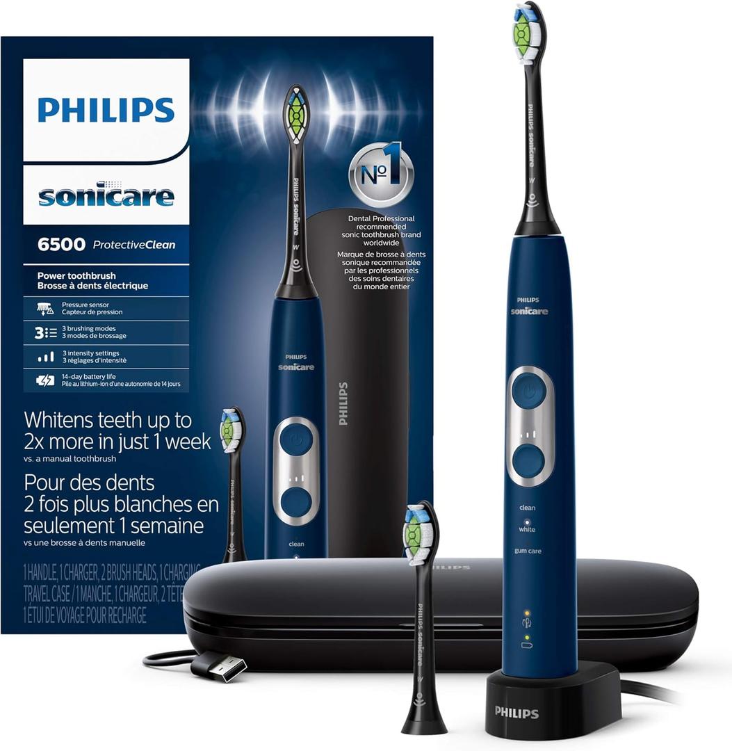 Philips Sonicare ProtectiveClean 6500 Rechargeable Electric Toothbrush, with Pressure Sensor, 3 Cleaning Modes, SmarTimer and QuadPacer, 14Day Battery Life, Charging Travel Case, Navy Blue, HX6462/07