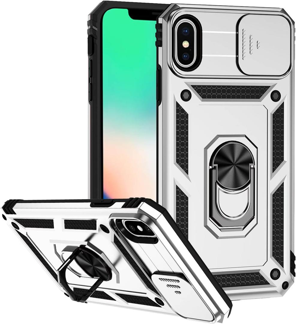 2 x Hitaoyou for iPhone Xs Max Case with Camera Cover & Kickstand Military Grade Shockproof Heavy Duty Protective Magnetic Case for iPhone Xs Max 6.5'' Silver