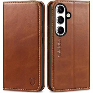 SHIELDON Case for Galaxy S25 6.2", Genuine Leather Flip Wallet Book Case Magnetic RFID Blocking Credit Card Holder Kickstand Shockproof Cover Compatible with Galaxy S25 5G 2025 - Retro Brown