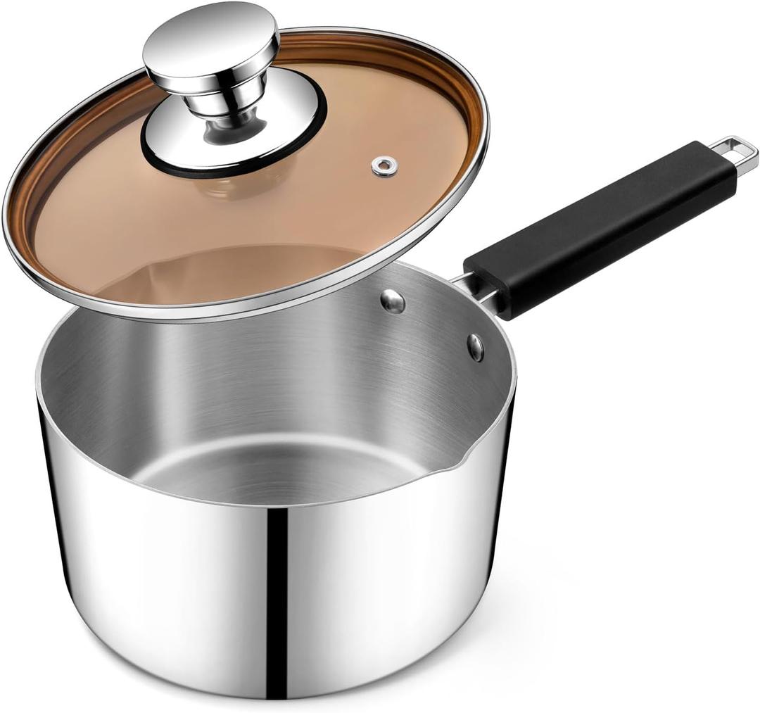 P&P CHEF 3 Quarts Sauce Pan and Pot with Lid, Tri-Ply Stainless Steel Saucepan Cookware for Induction & Multi Stoves, Heat-proof Handle & Visible Glass Lid, Dishwasher Safe