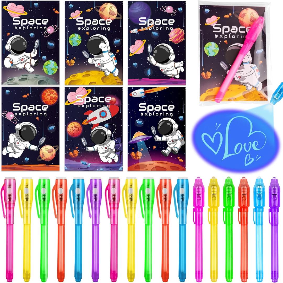 24 Pack Valentines Day Gifts for Kids Classroom LED Invisible Ink Pen with Valentines Cards for Kids School, Spy Pen Magic Gifts Valentines for Class Exchange Cards Prizes Party Favors for Boys Girls