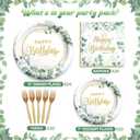 Sage Green Birthday Supplies Tableware Set, Sage Green Decorations with Disposable Happy Birthday Paper Plates Napkins for Greenery Leafy Birthday Party