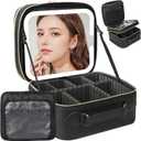 Travel Makeup Bag with LED Mirror Double Layer, Detachable Vanity Mirror with Lights, Tri-light Dimmable, Makeup Case with Adjustable Dividers and Brush Holder Cosmetic Organizer Storage Box (Black)