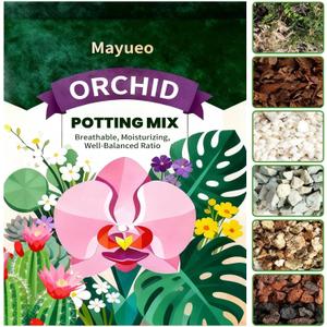 Organic Orchid Potting Mix, Mixture of Perlite, Pine Bark, Volcanic Rock, Coconut Coir, Pine Needle Soil, and 7 Other Components+Orchid Sphagnum Moss (5 QT)