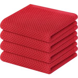 Homaxy 100% Cotton Waffle Weave Kitchen Dish Towels, Ultra Soft Absorbent Quick Drying Cleaning Towel, 13 x 28 Inches, 4-Pack, Red