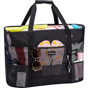 KABAQOO Mesh Beach Bag, Extra Large Beach Bags with 9 Pockets & Zipper Waterproof Lightweight Beach Tote for Beach/Pool Trip (Black)