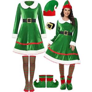 SOMSOC 5 Pack Women Christmas Elf Costume Set Velvet Dress Belt Striped Over Knee High Socks Elf Hat Shoes for Cosplay
, S