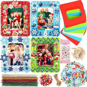 SANNIX 445 Pcs Christmas Picture Frame Craft Kit for Kids Include Foam Photo Frames Xmas Foam Stickers Snowflake Winter Crafts for DIY Christmas Ornaments Party Favor Home Classroom (Red Green White Blue)