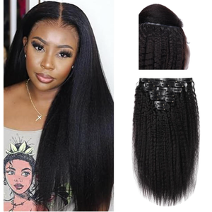 Essent Seamless Kinky Straight Clip in Hair Extensions Real Human Hair 22 Inch 7Pcs 130g Kinky Clip Ins Full Head Brazilian Remy Hair Extensions for Women Natural Black Double Weft Clip In