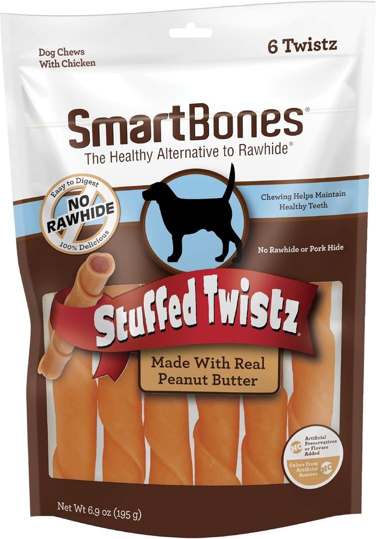 SmartBones Stuffed Twistz with Peanut Butter 6 Count, Rawhide-Free Chews for Dogs, No Artificial Preservatives or Flavors Added (SBST-00300) (EXP 03/13/28)