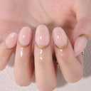 2 x evpct Nude Pink French Press on Nails Short Oval, Short Gold Foil Stick on Nails for Women Gift,Nude Pink Glossy Fake Nail Reusable Soft Gel Press on Acrylic Fake Nail kit with Gold Line Design