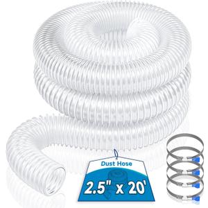 Hon&Guan 2 1/2" x 20' Dust Collection Hose, 2.5 Inch Flexible Clear PVC Dust Collector Hose with Carbon Steel Wire Woodworking Dust Collecting System, Includes 4 Hose Clamps